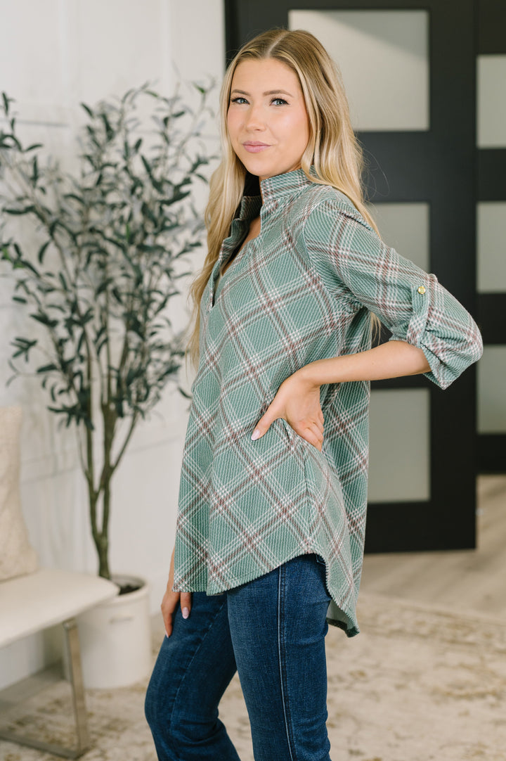 So It Goes Split Neck Plaid Top - 8/21