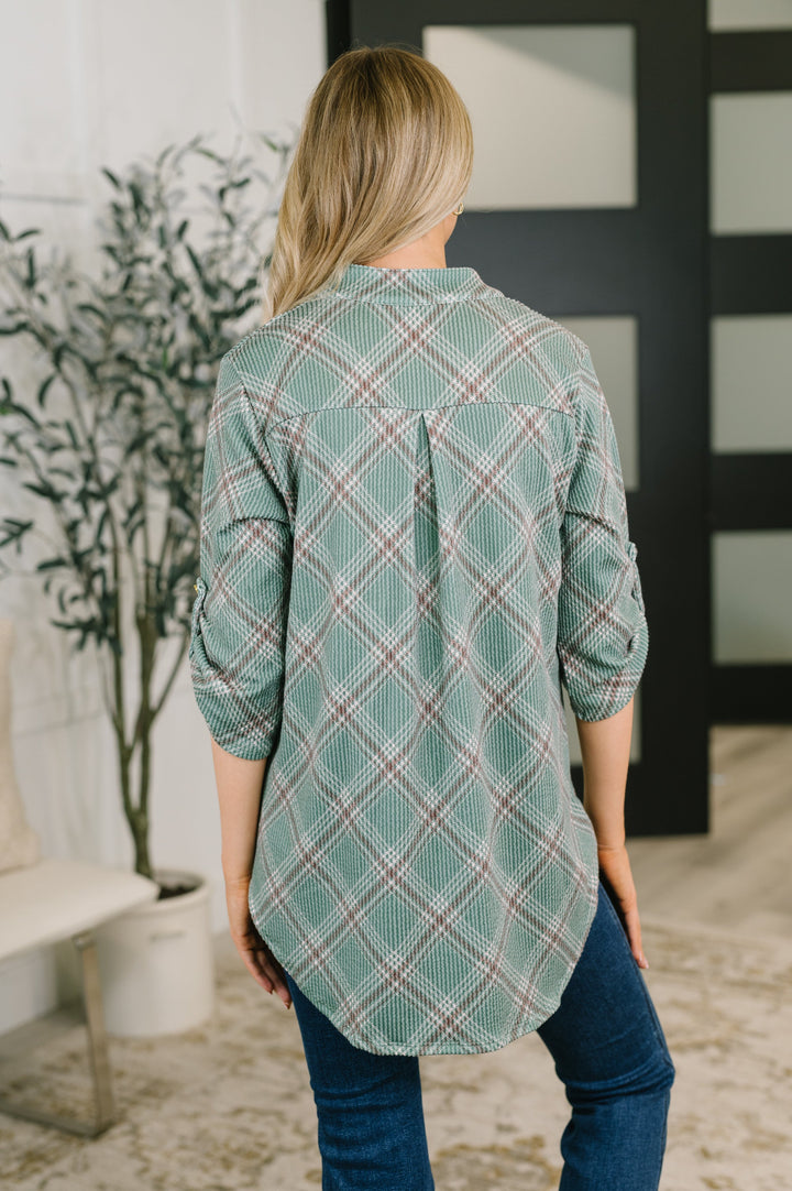 So It Goes Split Neck Plaid Top - 8/21