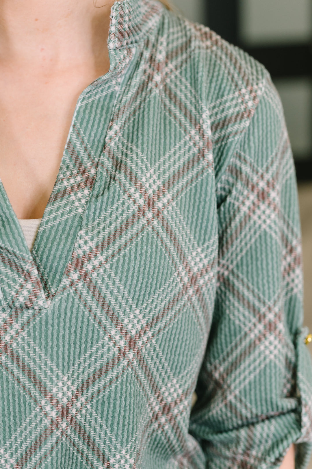 So It Goes Split Neck Plaid Top - 8/21