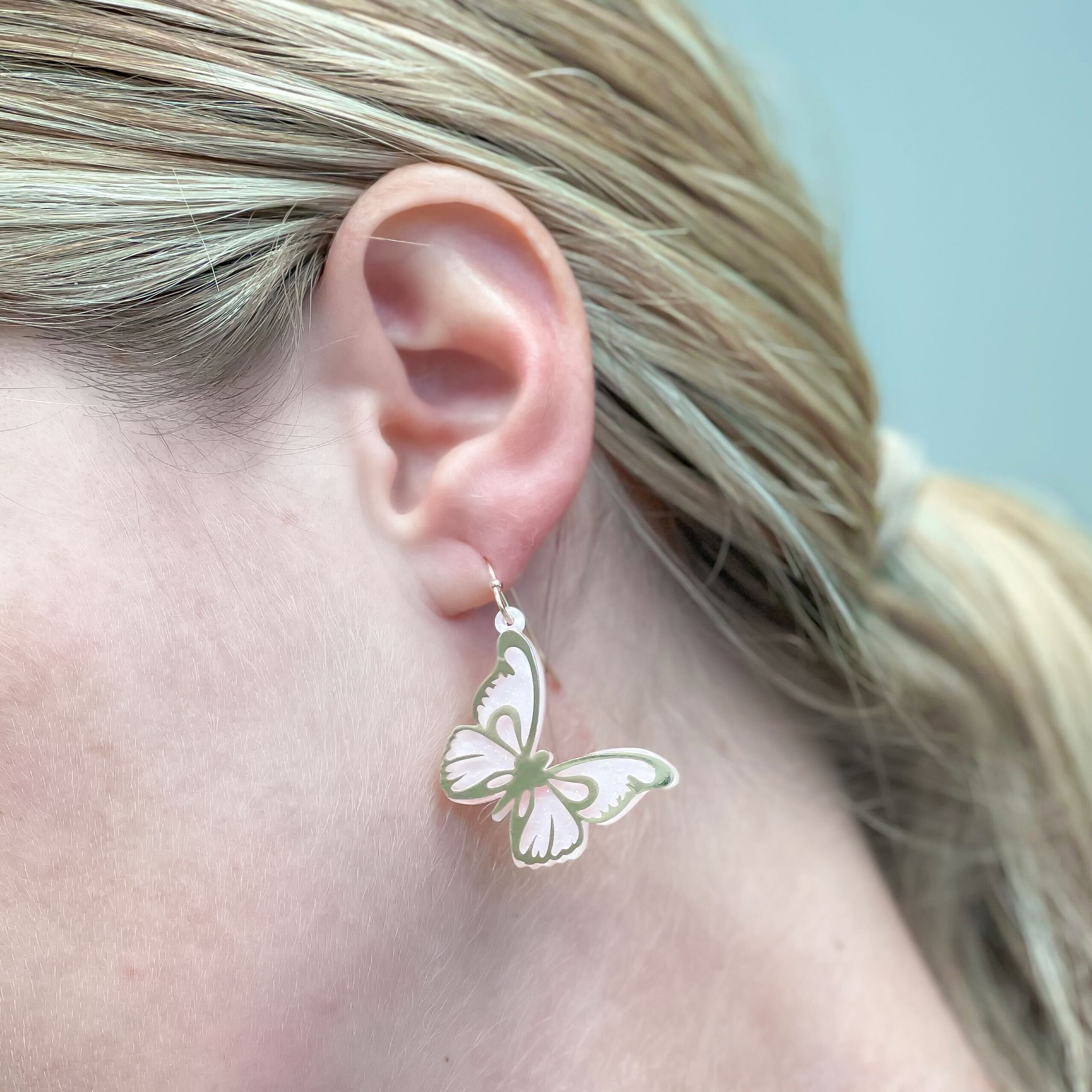 Soft Pink & Gold Butterfly Dangle Earrings