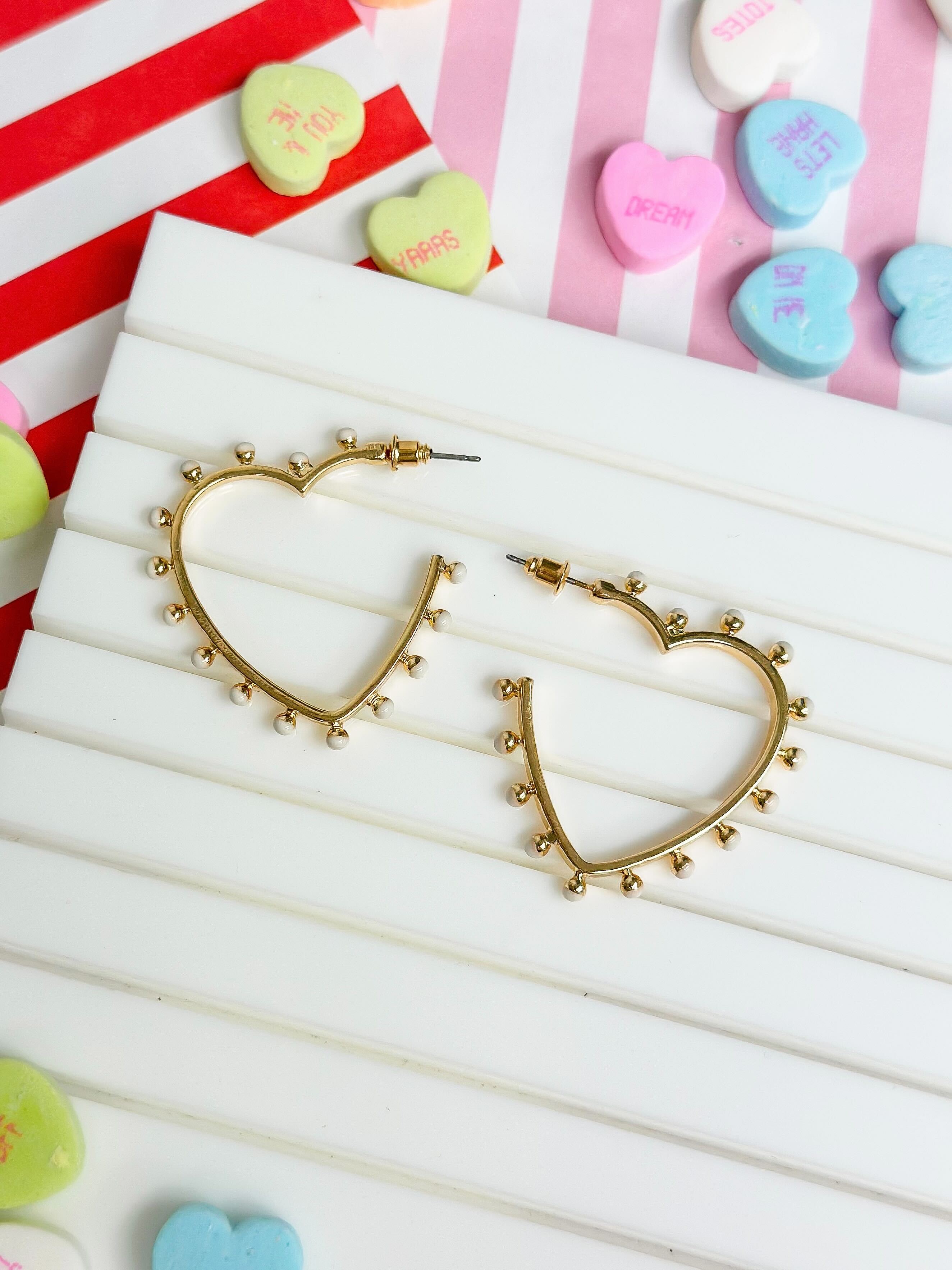 Studded Gold Heart Hoop Earrings - Ivory