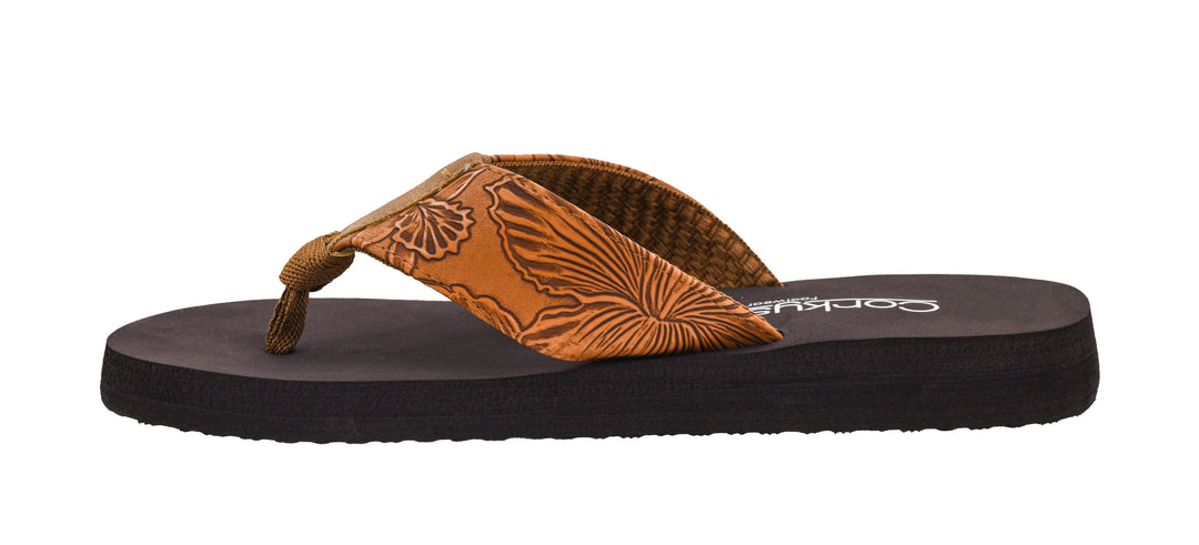 Summer Break Flip Flops - Cognac Flower Emboss by Corkys