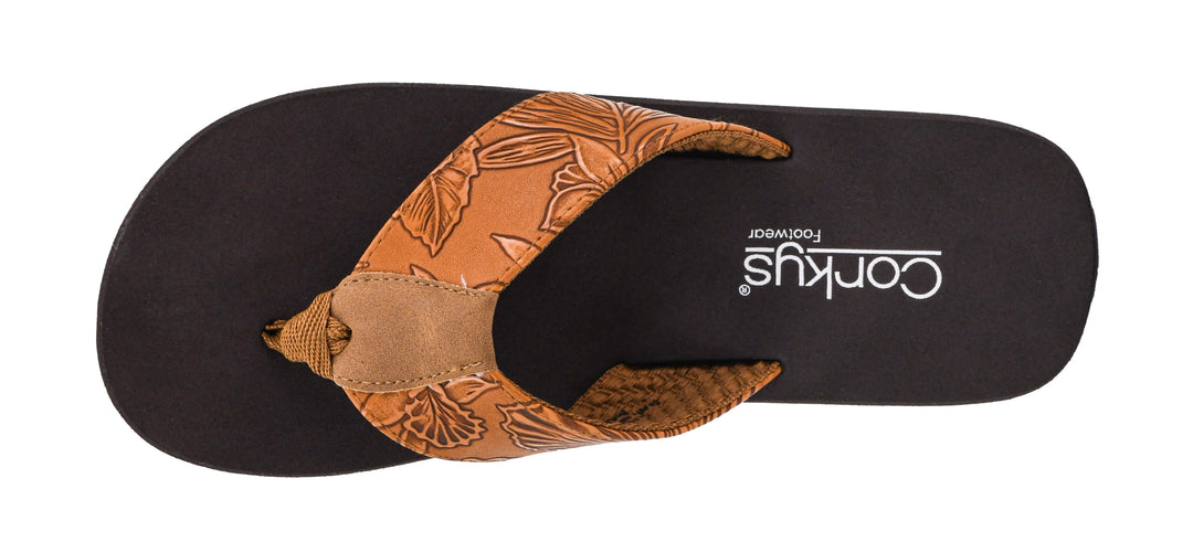 Summer Break Flip Flops - Cognac Flower Emboss by Corkys
