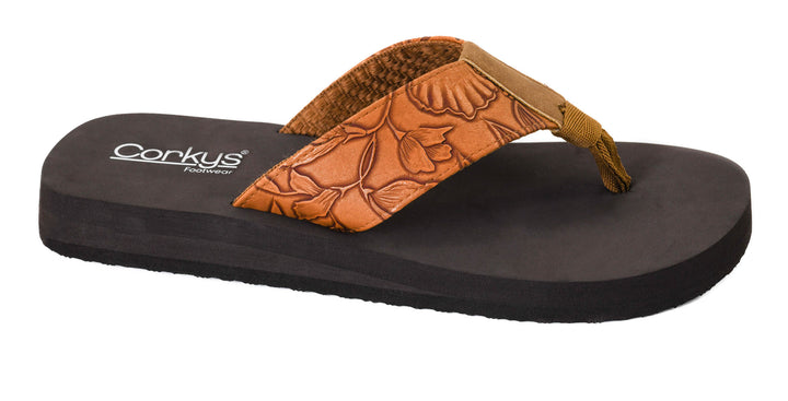 Summer Break Flip Flops - Cognac Flower Emboss by Corkys