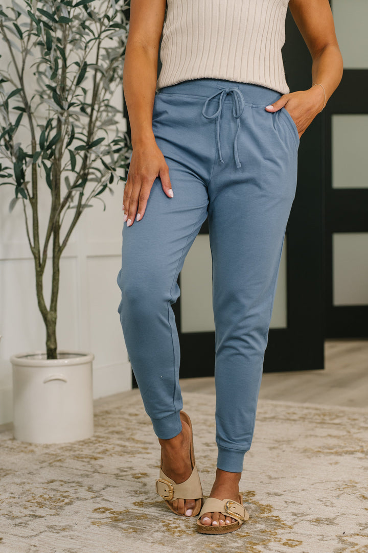 Sweat It High Waisted Joggers in Dusty Blue - 4/15