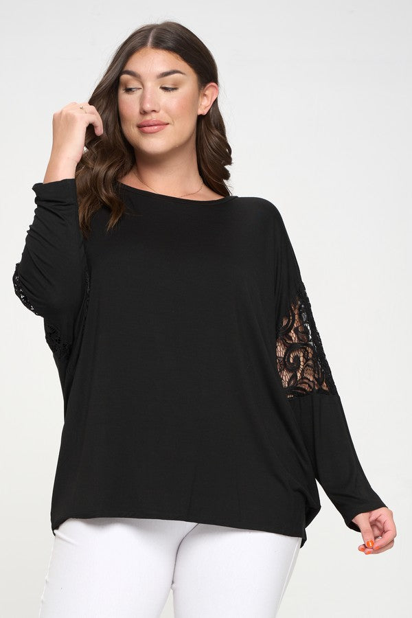 Everyday Basic Lace Dolman Sleeve Crewneck Top by Yelete