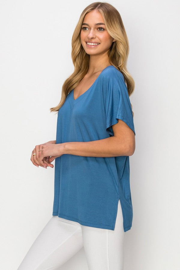 Short Sleeve V-Neck Oversized Top - Denim Blue by Yelete