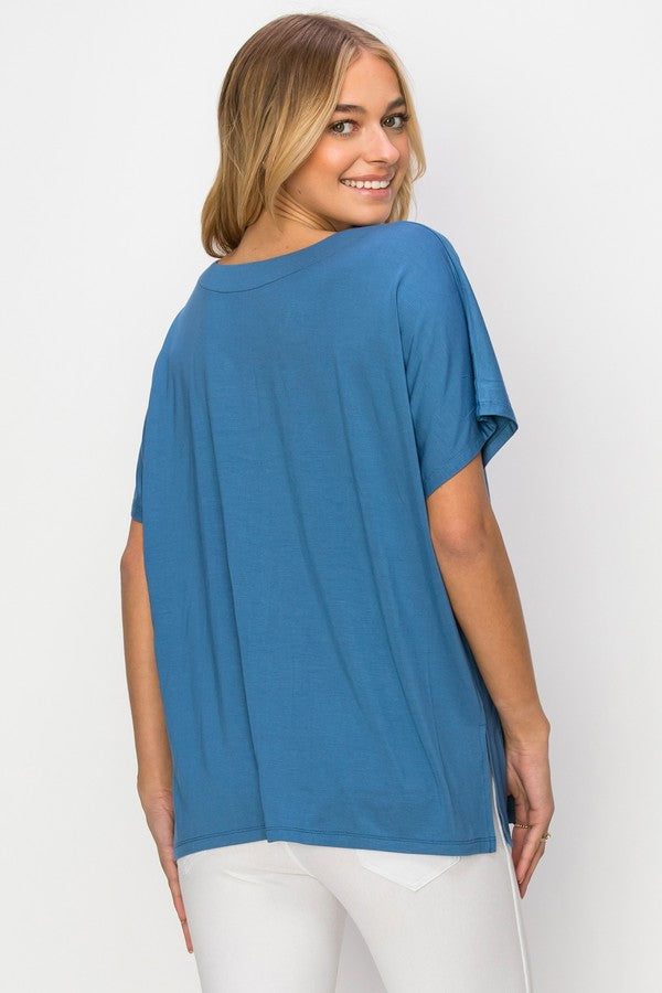Short Sleeve V-Neck Oversized Top - Denim Blue by Yelete