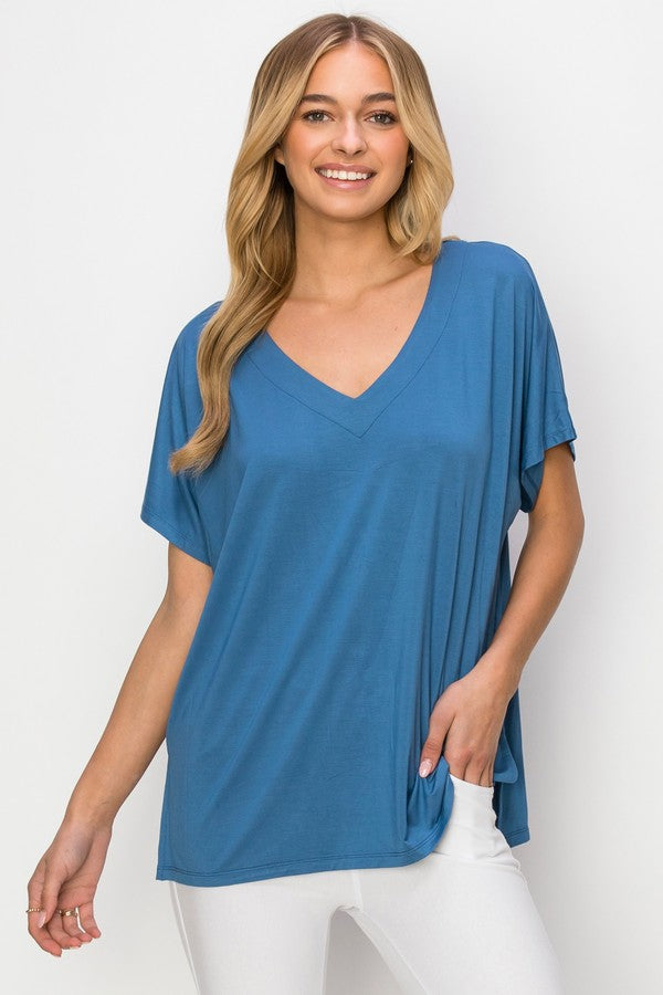 Short Sleeve V-Neck Oversized Top - Denim Blue by Yelete