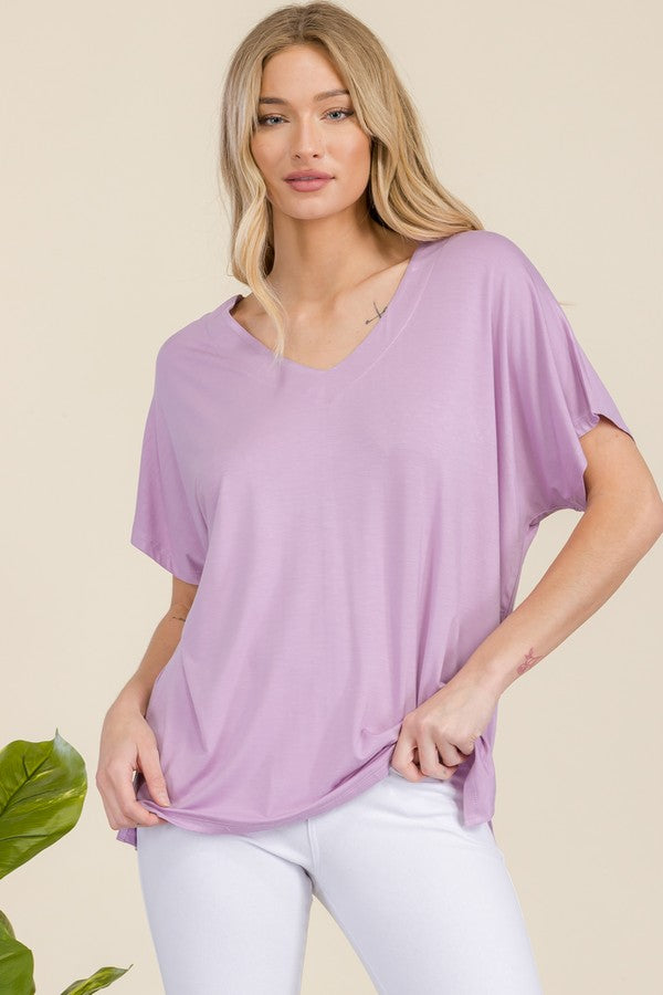 Short Sleeve V-Neck Oversized Top - Lavender by Yelete