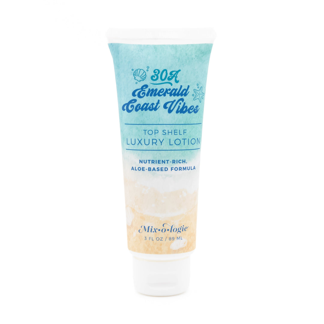 Mixologie Top Shelf Luxury Lotion in 30A Emerald Coast Vibes, 3 fl oz, squeeze tube with teal watercolor top and sandy beach bottom label with seashell and starfish accents on white background