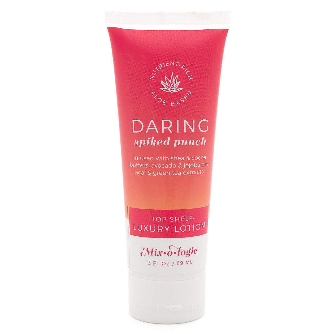 Mixologie Top Shelf Luxury Lotion in Daring Spiked Punch, 3 fl oz, squeeze tube with hot pink to orange gradient label and aloe vera badge on white background
