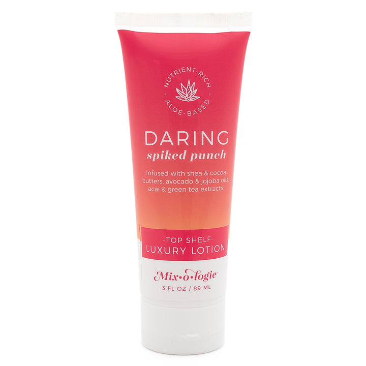 Mixologie Top Shelf Luxury Lotion in Daring Spiked Punch, 3 fl oz, squeeze tube with hot pink to orange gradient label and aloe vera badge on white background