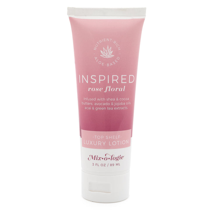 Mixologie Top Shelf Luxury Lotion in Inspired Rose Floral, 3 fl oz, squeeze tube with blush pink to rose gradient label and aloe vera badge on white background