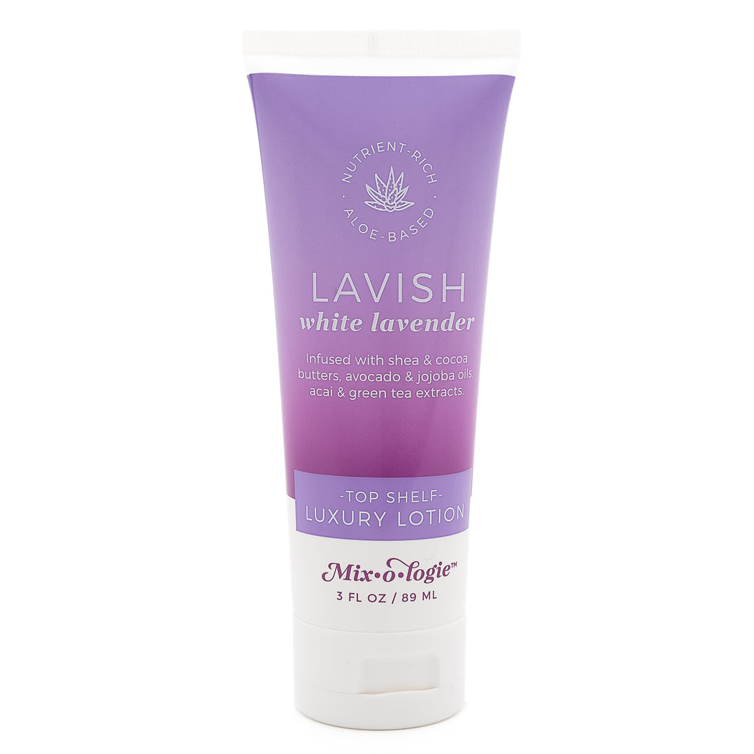Mixologie Top Shelf Luxury Lotion in Lavish White Lavender, 3 fl oz, squeeze tube with purple to mauve gradient label and aloe vera badge on white background