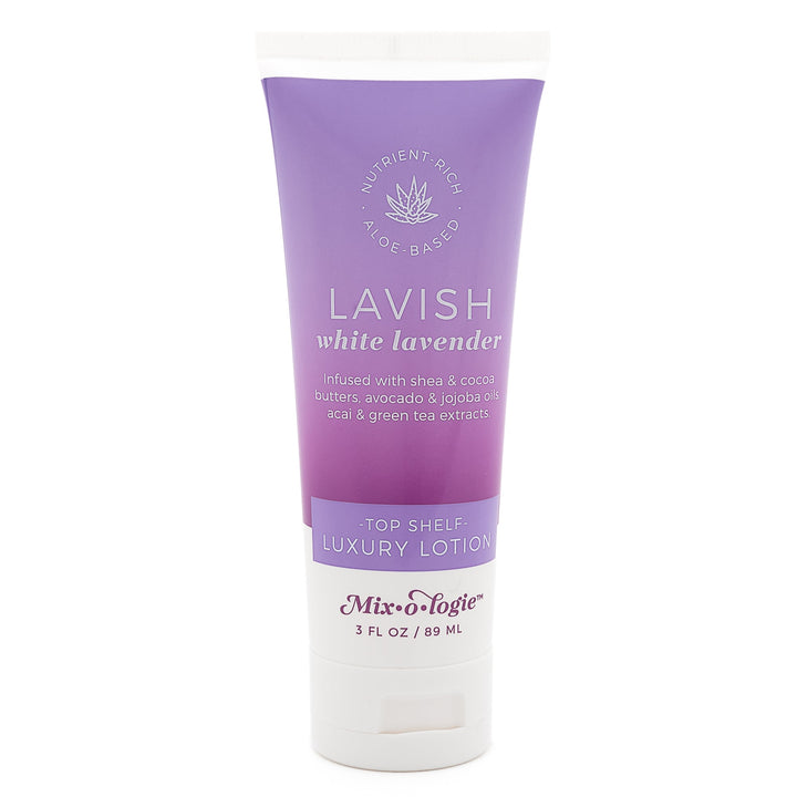 Mixologie Top Shelf Luxury Lotion in Lavish White Lavender, 3 fl oz, squeeze tube with purple to mauve gradient label and aloe vera badge on white background