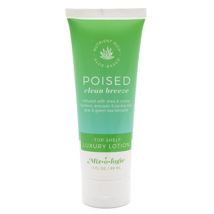 Mixologie Top Shelf Luxury Lotion in Poised Clean Breeze, 3 fl oz, squeeze tube with bright green to teal gradient label and aloe vera badge on white background