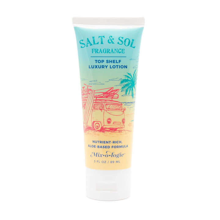 Mixologie Top Shelf Luxury Lotion in Salt & Sol Fragrance, 3 fl oz, squeeze tube with teal to golden yellow gradient and retro VW van beach scene with surfboards and palm tree label on white background