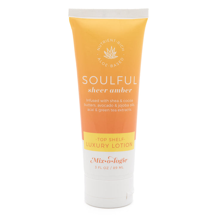 Mixologie Top Shelf Luxury Lotion in Soulful Sheer Amber, 3 fl oz, squeeze tube with golden yellow to orange gradient label and aloe vera badge on white background