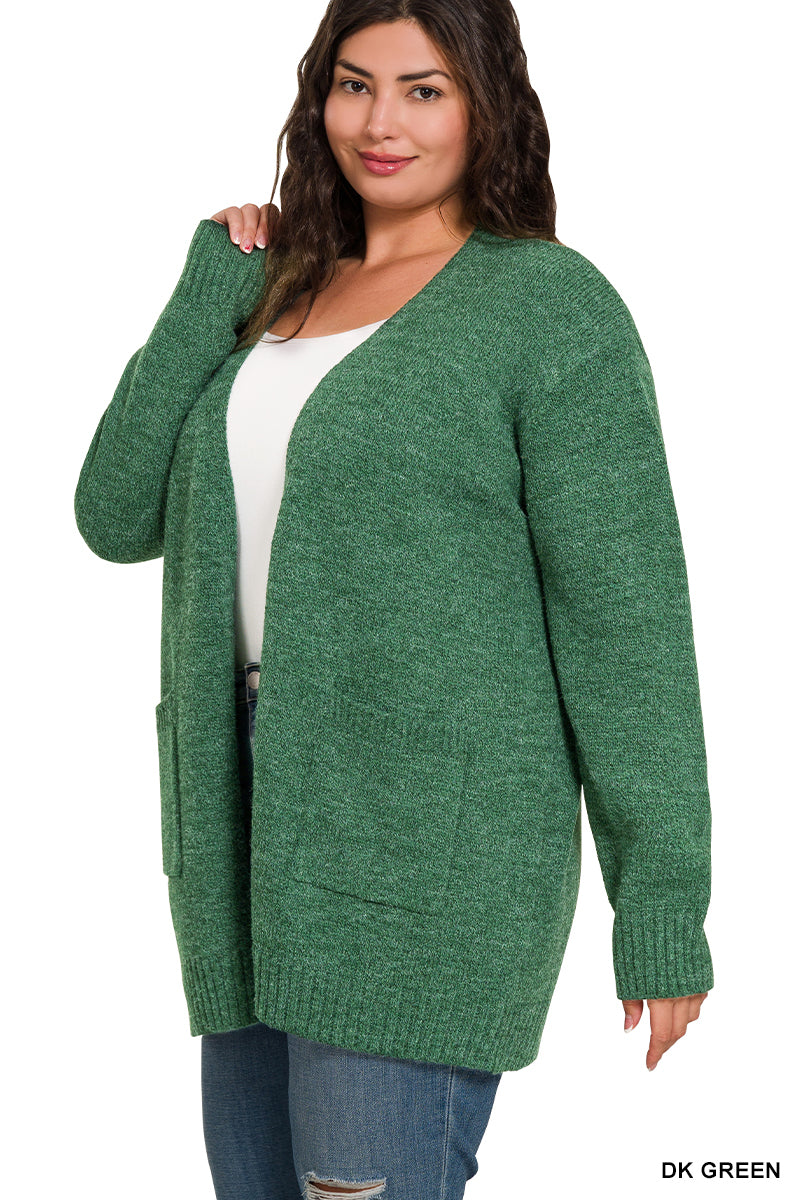 Open Front Sweater Cardigan - Dark Green