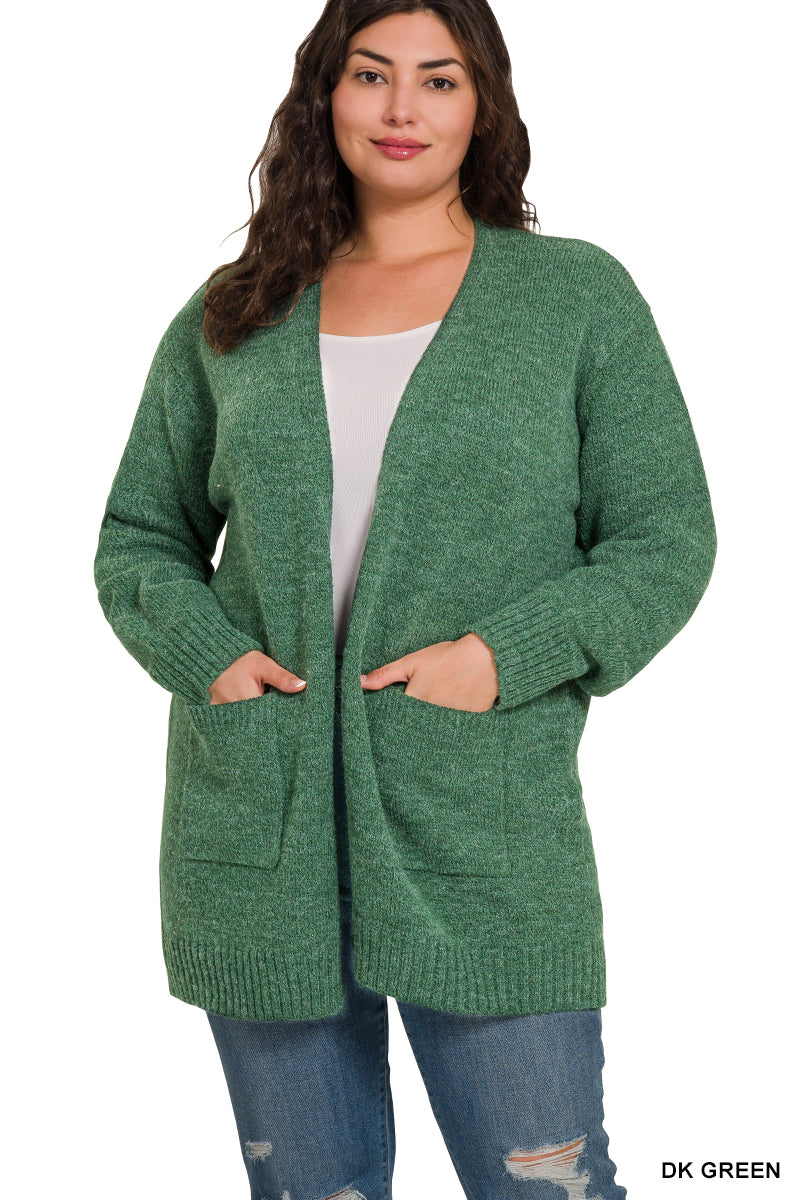 Open Front Sweater Cardigan - Dark Green