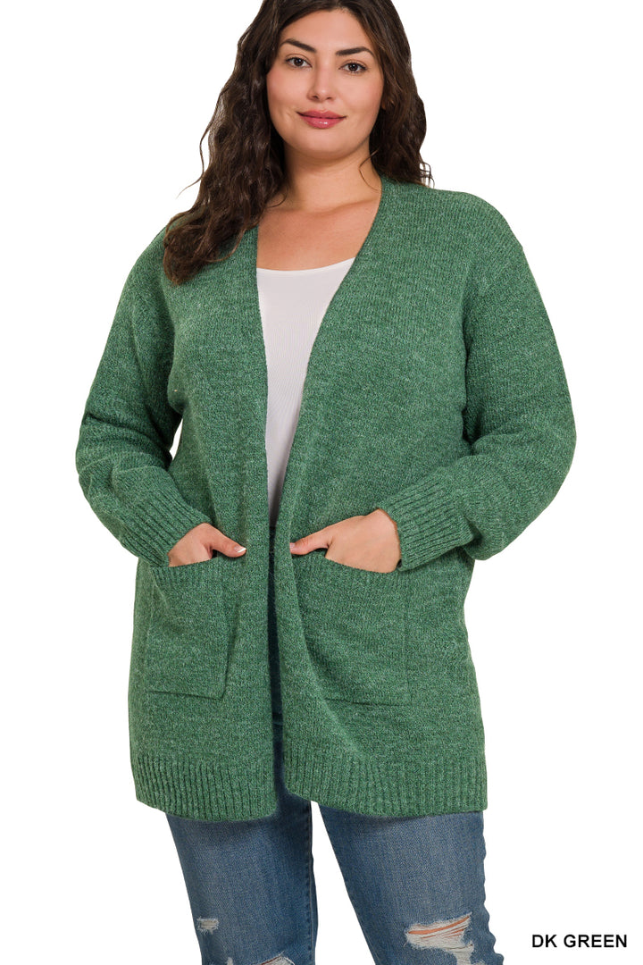 Open Front Sweater Cardigan - Dark Green