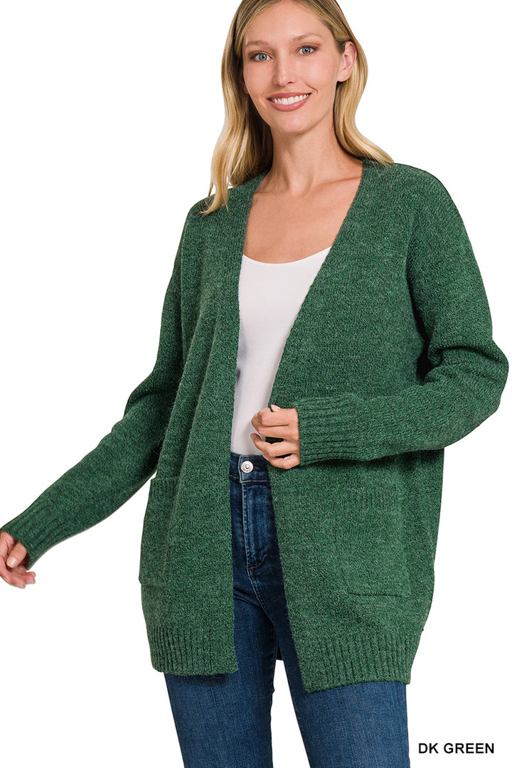 Open Front Sweater Cardigan - Dark Green