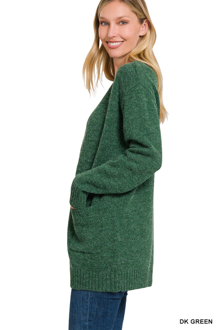 Open Front Sweater Cardigan - Dark Green