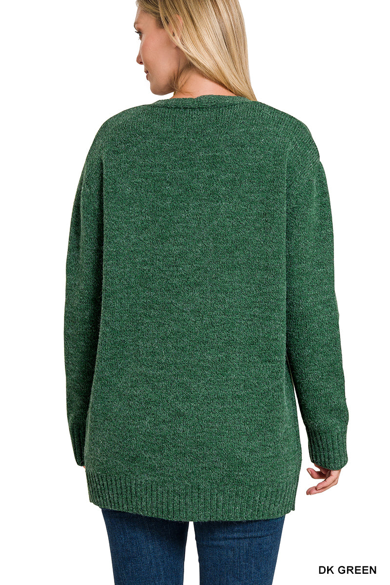 Open Front Sweater Cardigan - Dark Green