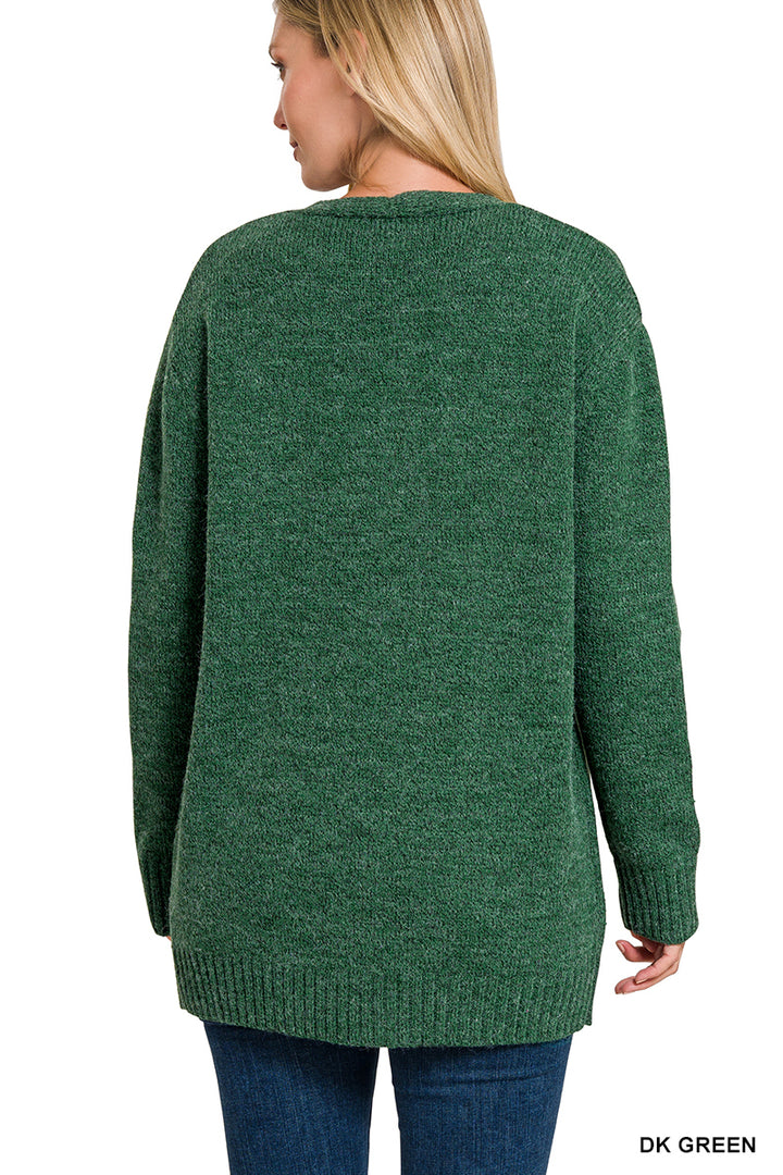 Open Front Sweater Cardigan - Dark Green