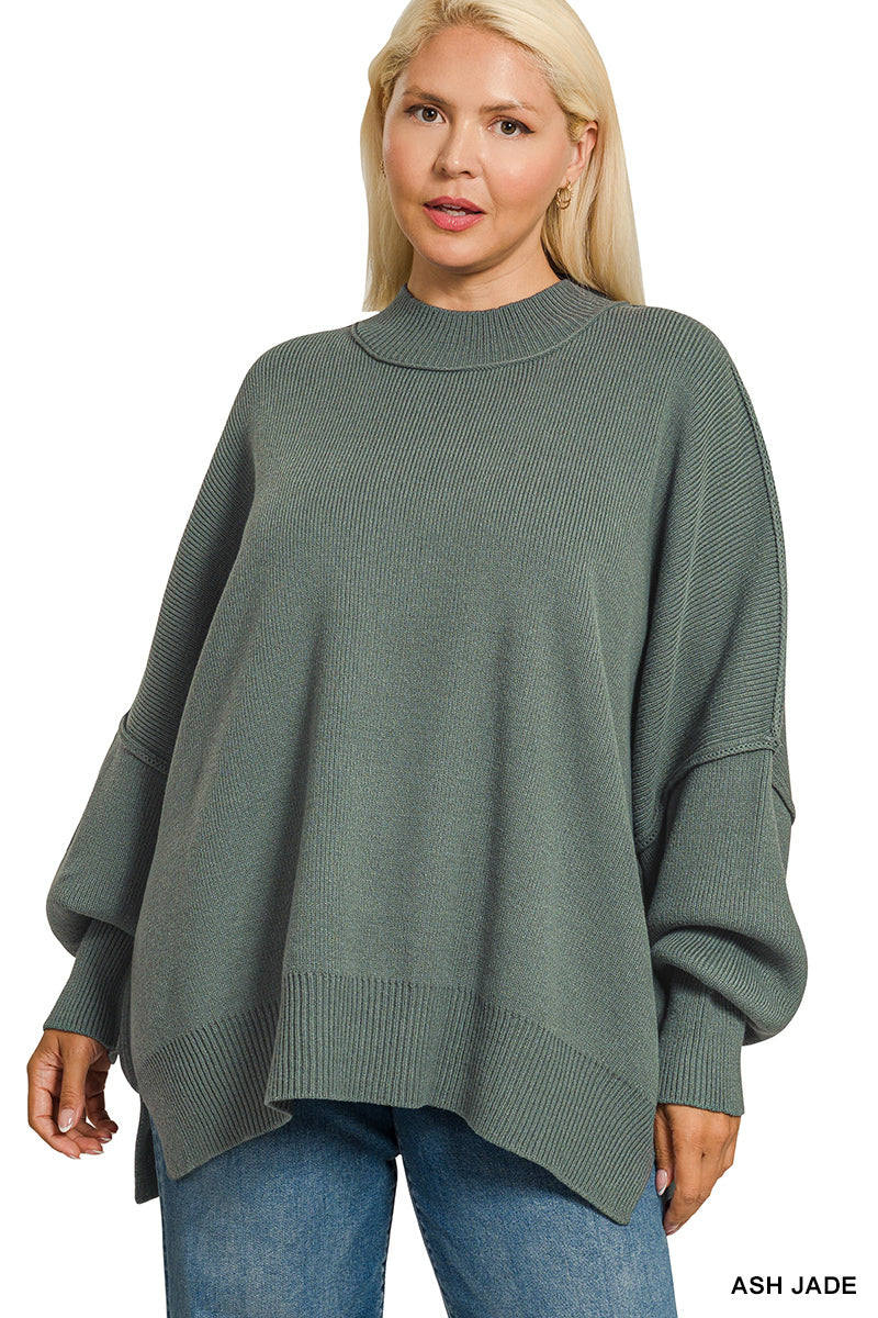 Side Slit Oversized Sweater - Ash Jade