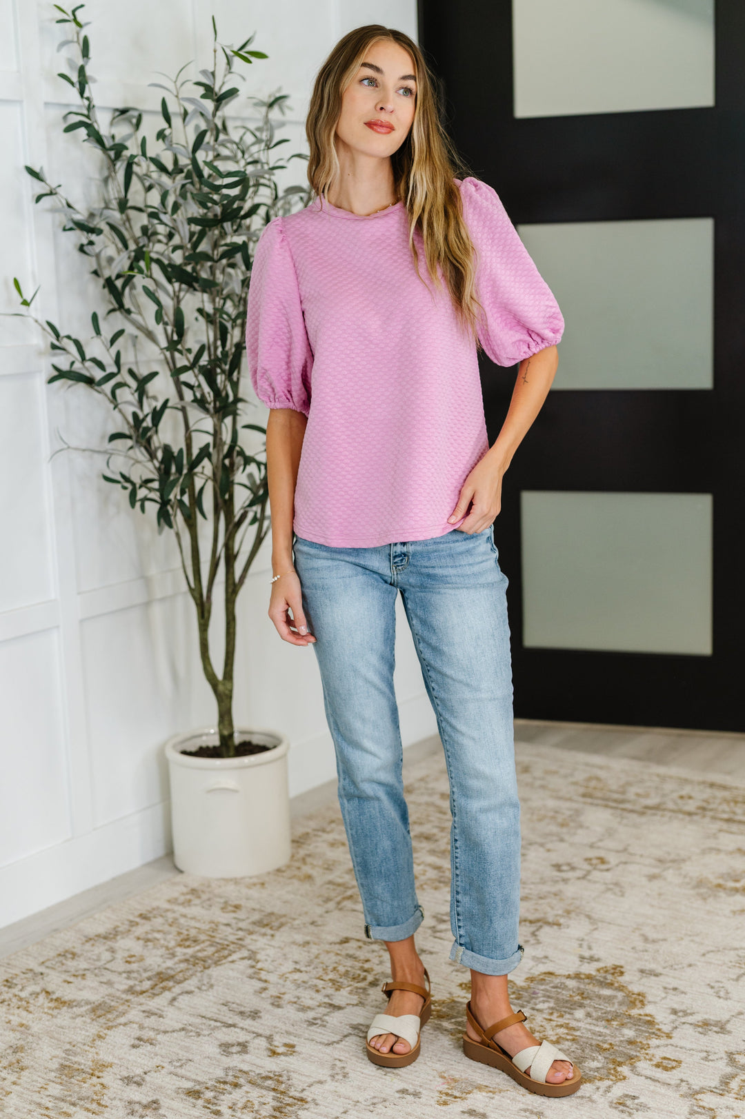 Textured Balloon Sleeve Blouse in Pink - 6/11