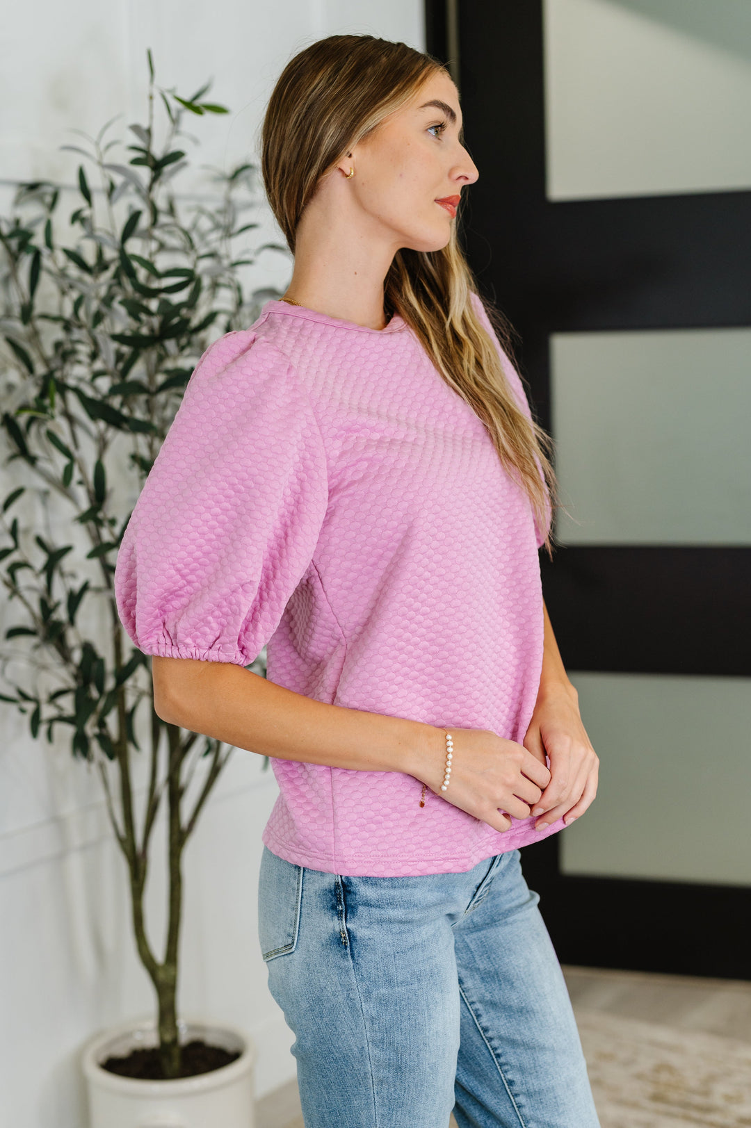 Textured Balloon Sleeve Blouse in Pink - 6/11