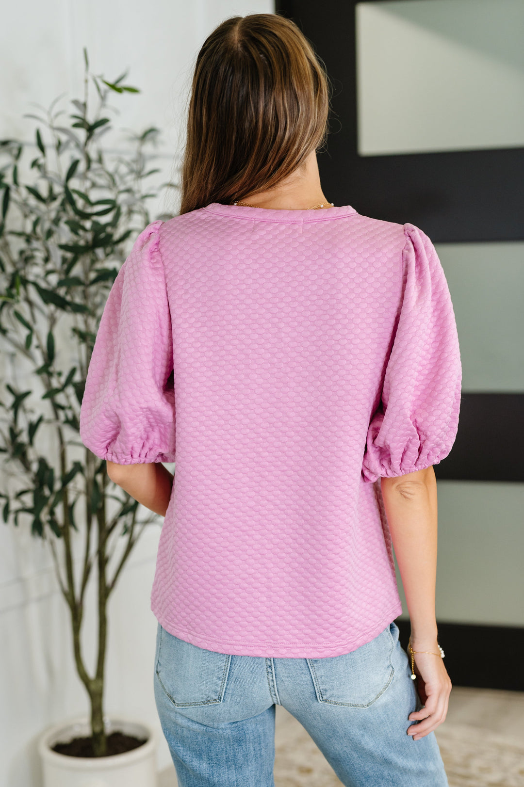 Textured Balloon Sleeve Blouse in Pink - 6/11