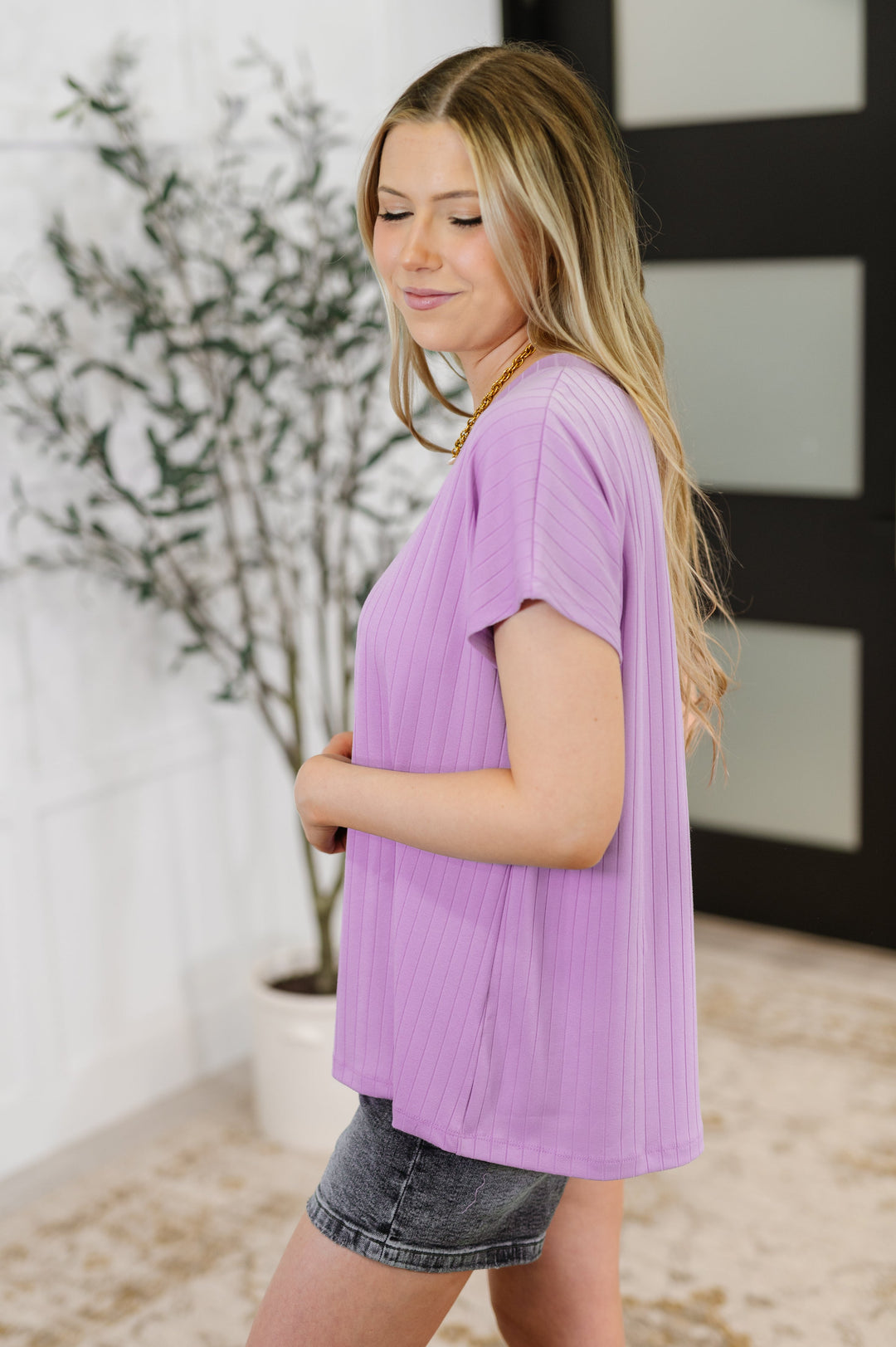 Top Shelf Basic V-Neck Ribbed Tee in Lavender - 4/9