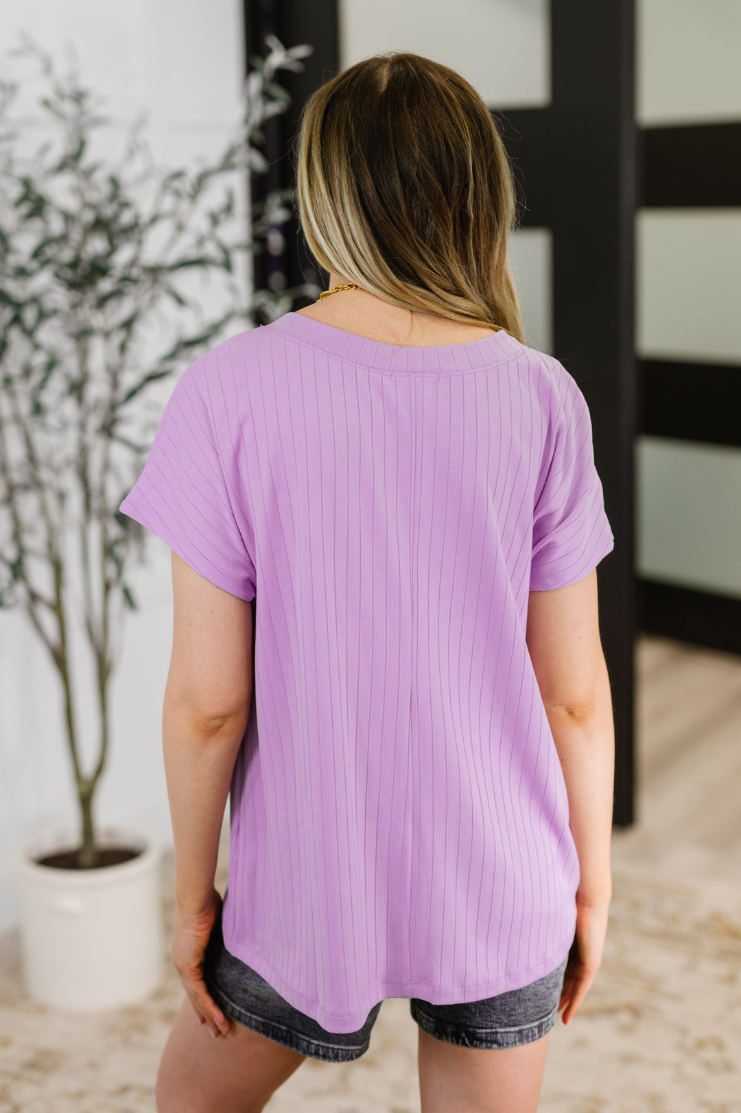 Top Shelf Basic V-Neck Ribbed Tee in Lavender - 4/9