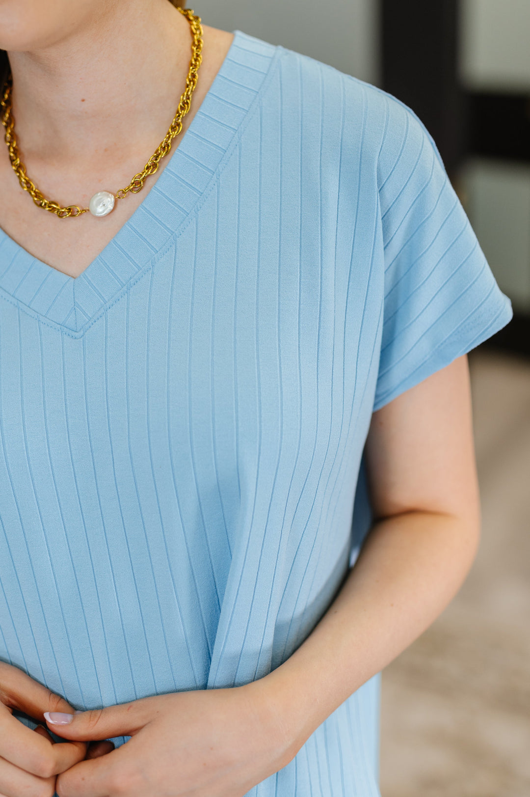 Top Shelf Basic V-Neck Ribbed Tee in Sky Blue - 4/9