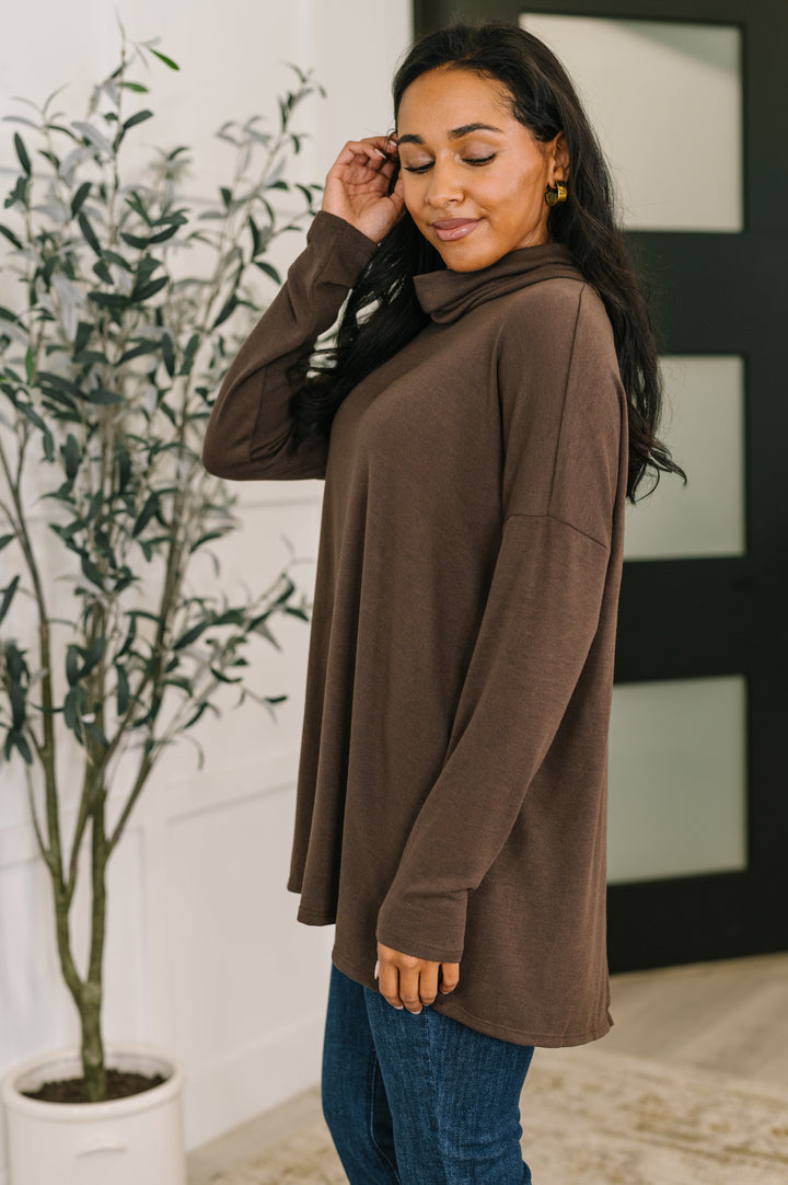 Travel Destination Cowl Neck Pullover in Chocolate - 11/10