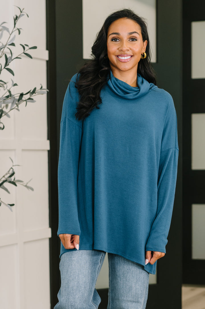 Travel Destination Cowl Neck Pullover in Dark Teal - 11/10