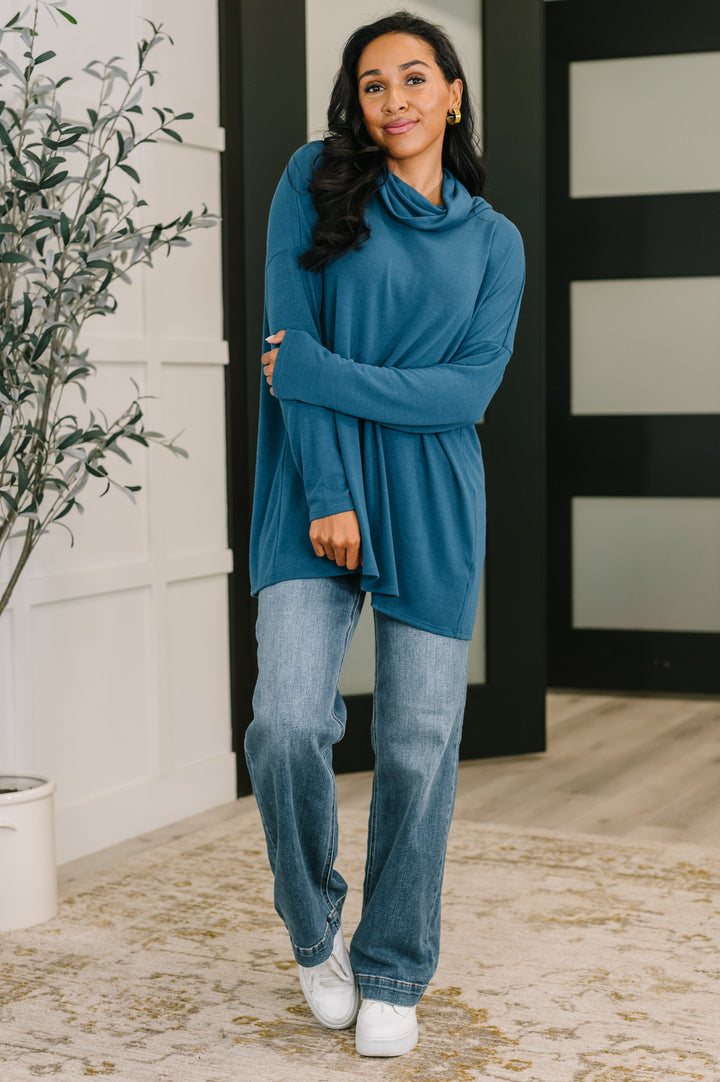 Travel Destination Cowl Neck Pullover in Dark Teal - 11/10