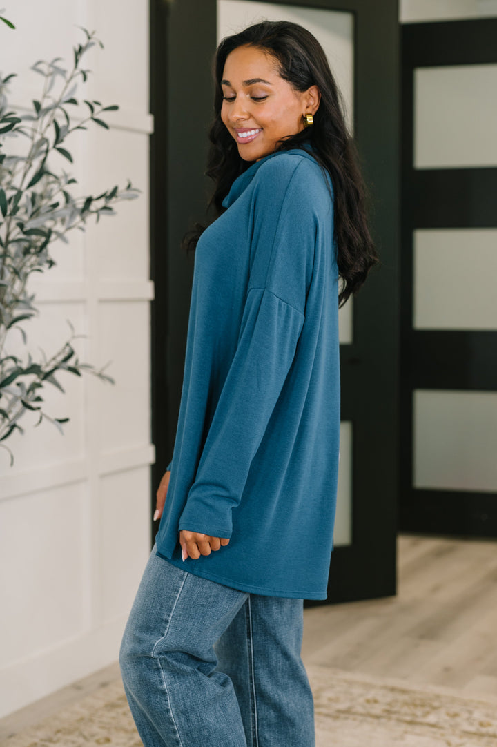 Travel Destination Cowl Neck Pullover in Dark Teal - 11/10