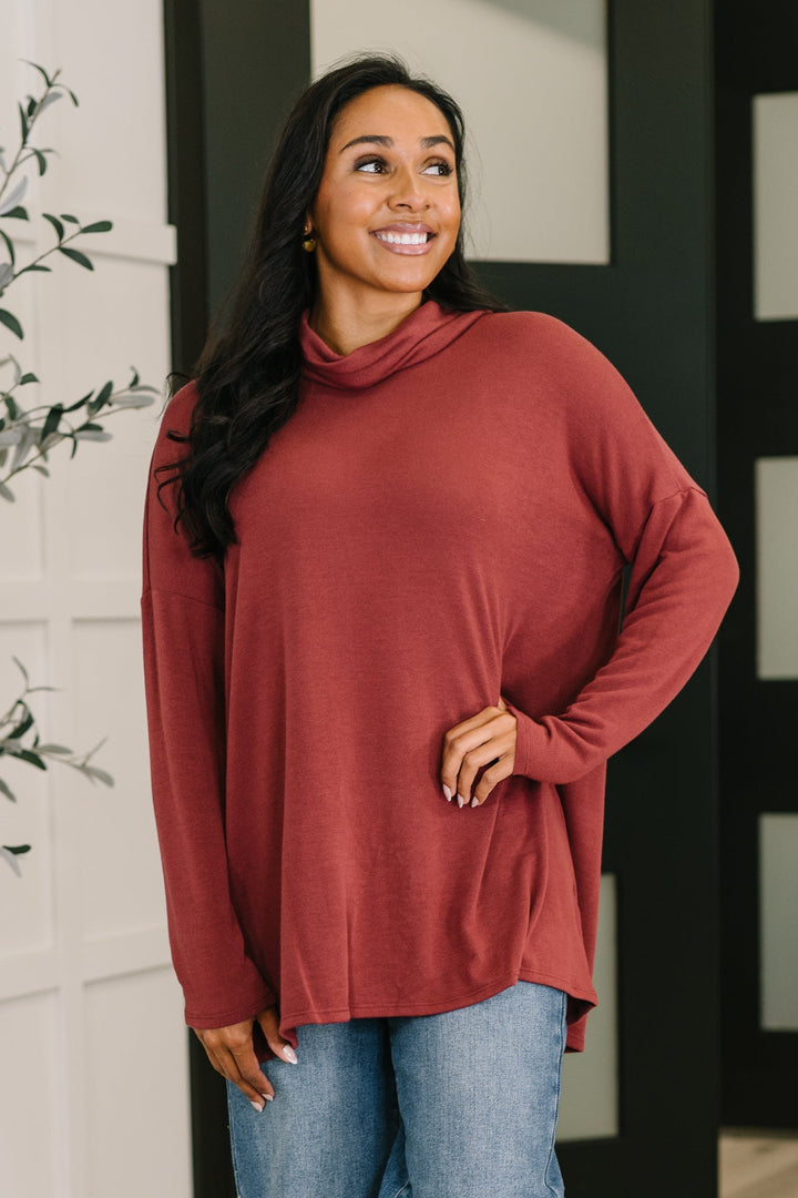 Travel Destination Cowl Neck Pullover in Wine - 11/10