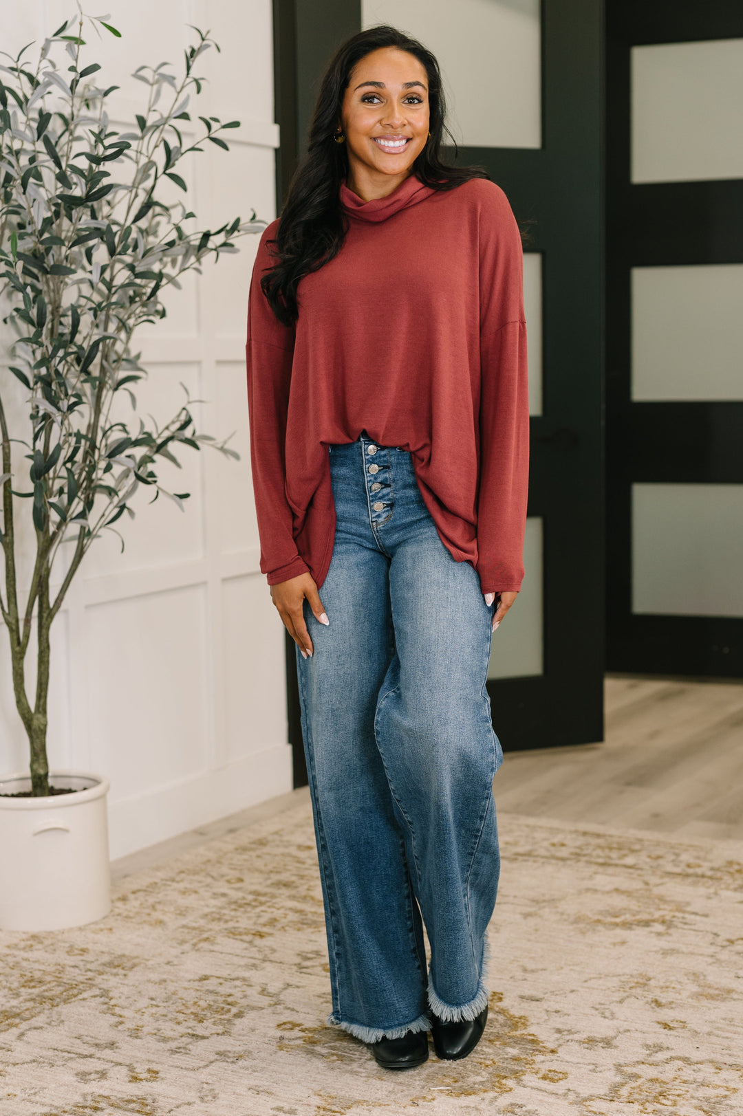 Travel Destination Cowl Neck Pullover in Wine - 11/10