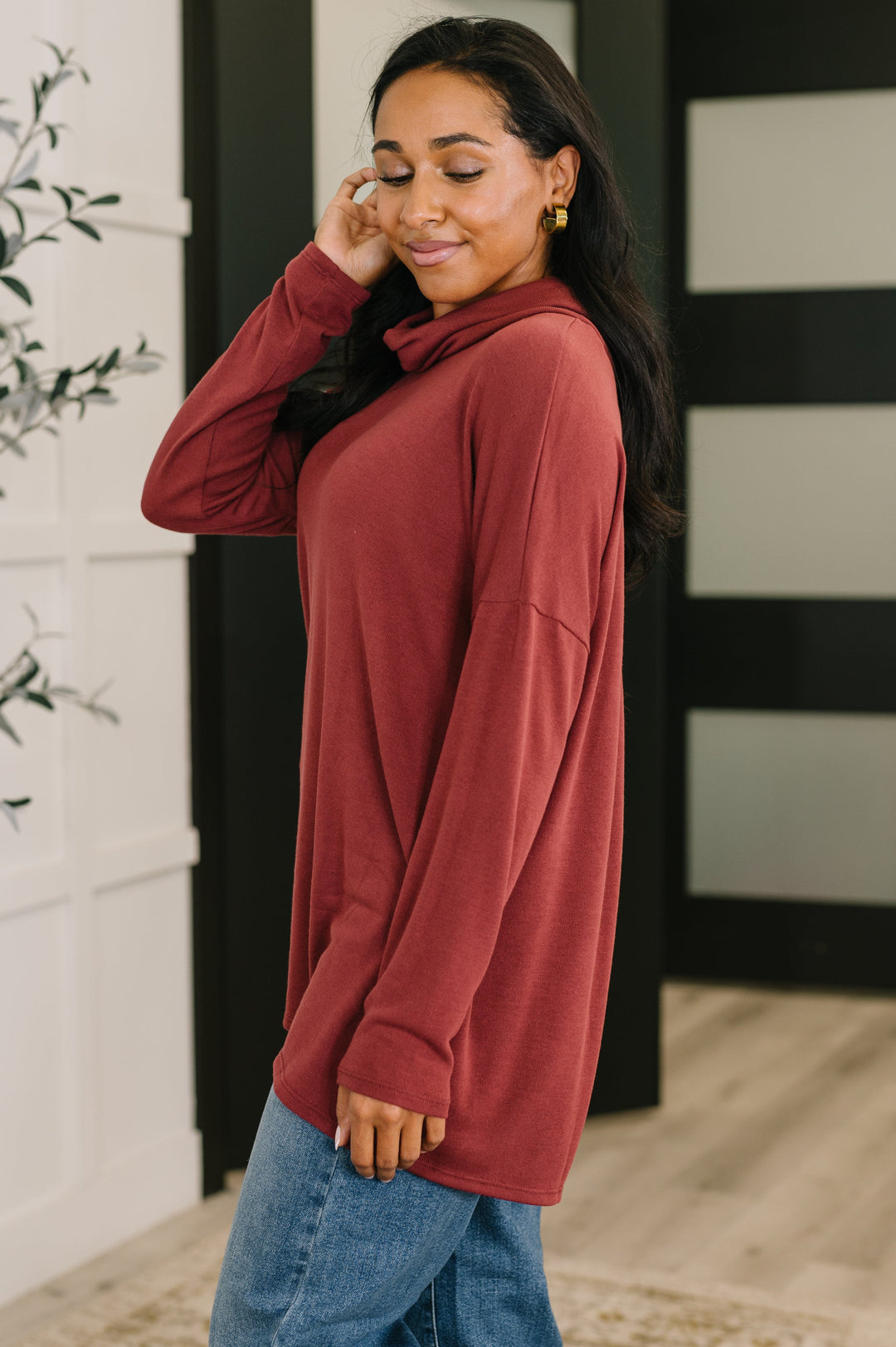 Travel Destination Cowl Neck Pullover in Wine - 11/10
