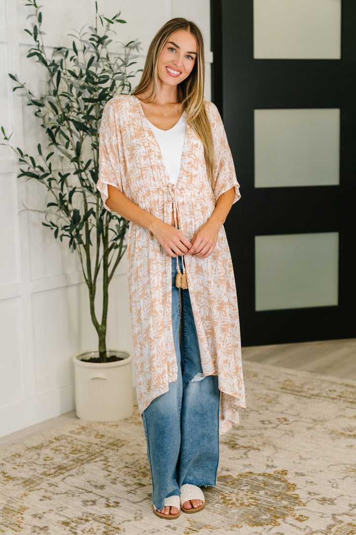 Tropical Print Gauze Kimono with Elastic Waist Tie in Milk Tea - 4/6