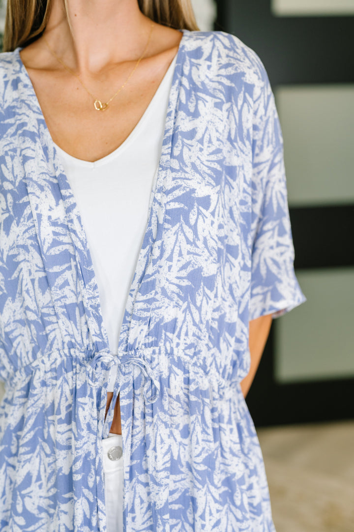 Tropical Print Gauze Kimono with Elastic Waist Tie in Periwinkle - 4/6