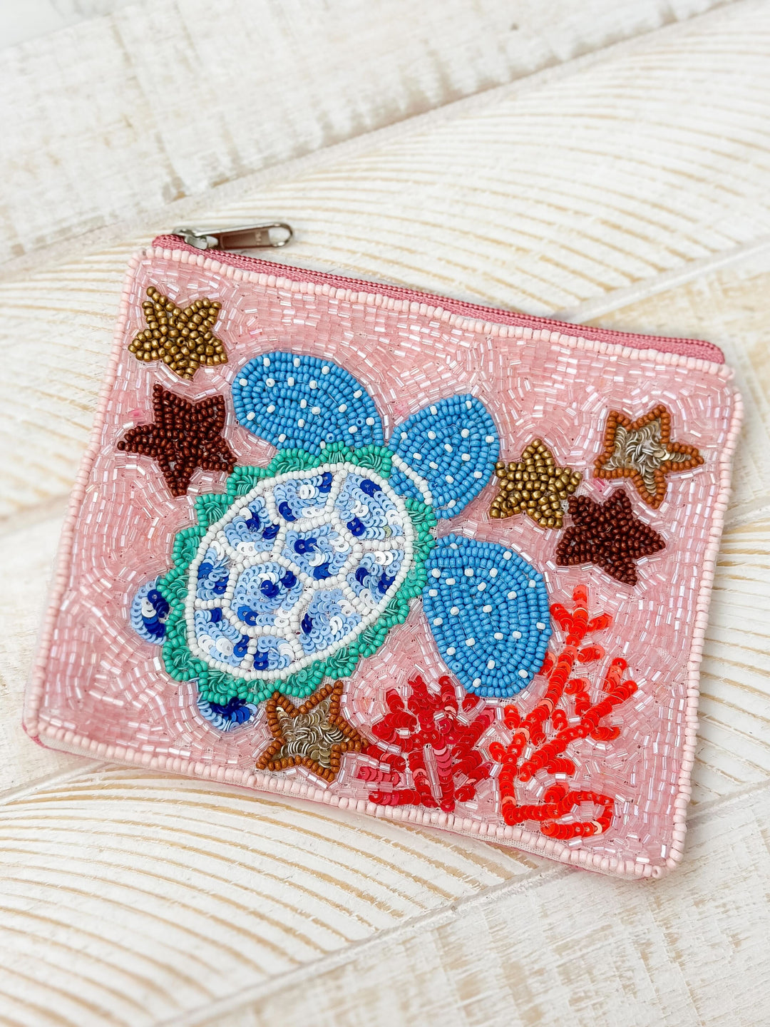 Blue Turtle Beaded Zip Pouch