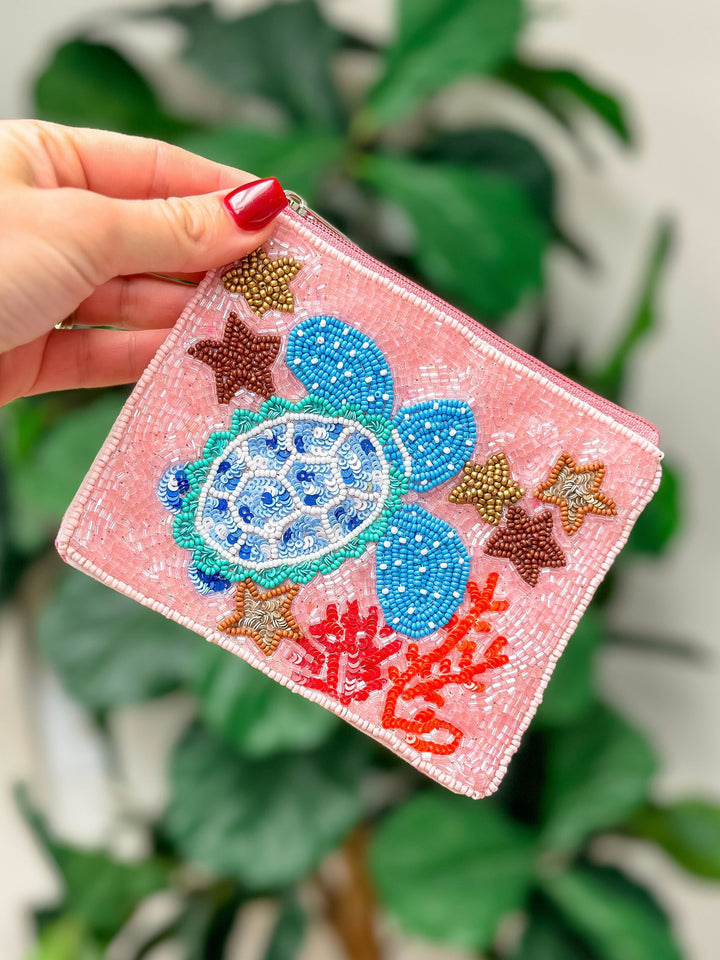 Blue Turtle Beaded Zip Pouch