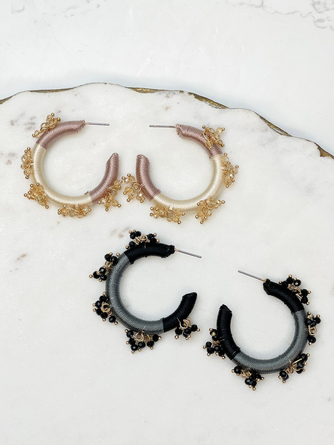 Two toned embellished hoop earrings - rose gold, champagne