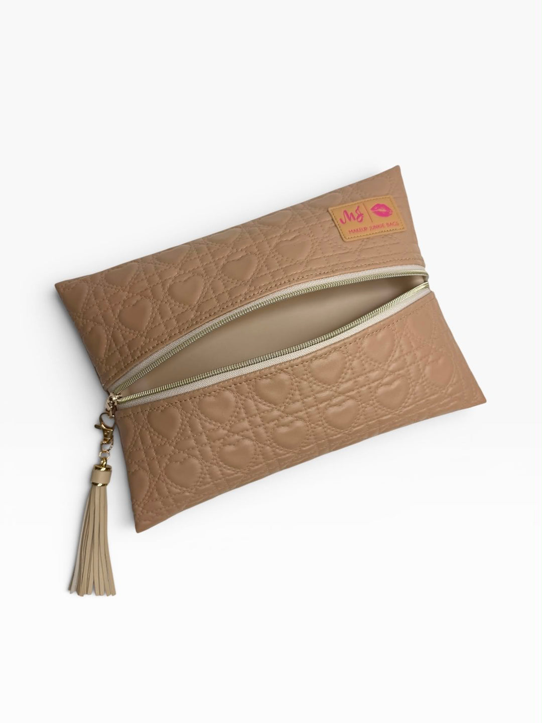 Fancy Live: Almond Latte Quilted Hearts by Makeup Junkie Bags (Ships in 4-5 Weeks)